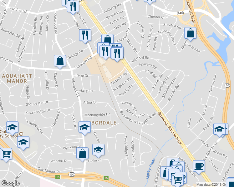 map of restaurants, bars, coffee shops, grocery stores, and more near 1526 Ingalls Rd in Glen Burnie