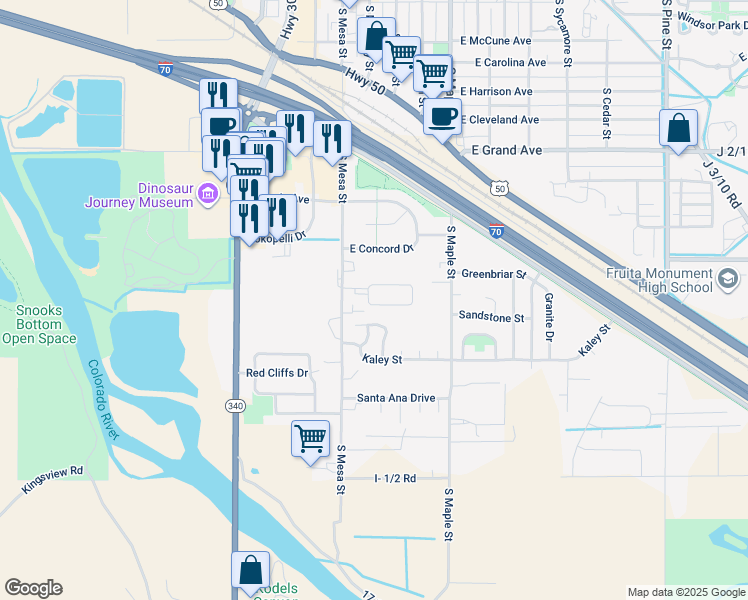 map of restaurants, bars, coffee shops, grocery stores, and more near 103 Bonnie Vista Drive in Fruita
