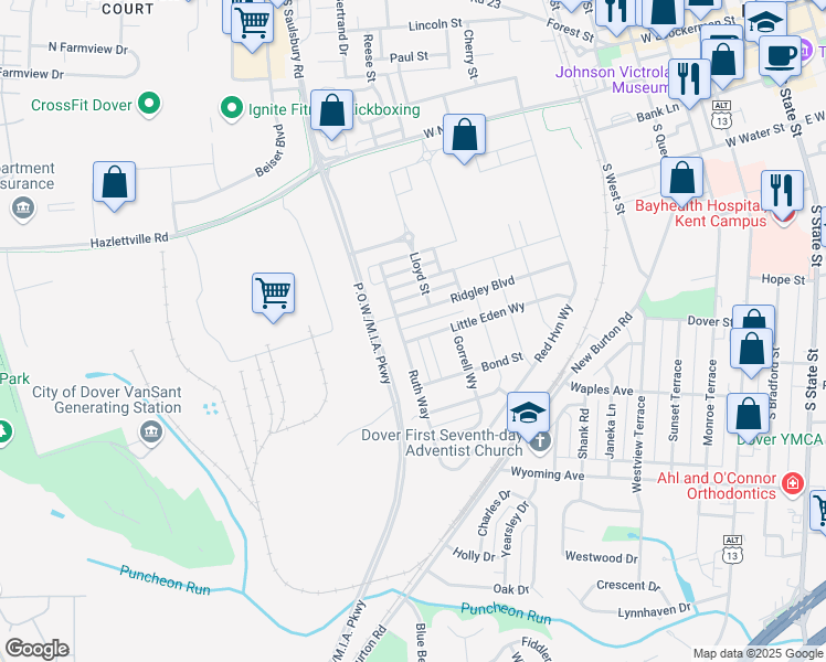 map of restaurants, bars, coffee shops, grocery stores, and more near 525 Little Eden Way in Dover