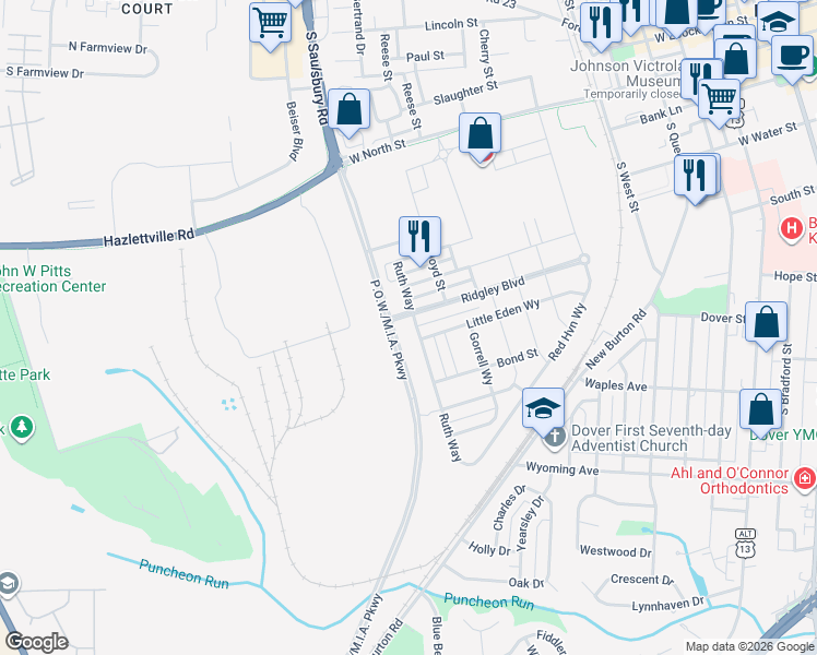 map of restaurants, bars, coffee shops, grocery stores, and more near 525 Little Eden Way in Dover