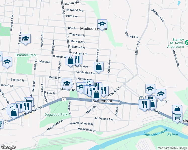 map of restaurants, bars, coffee shops, grocery stores, and more near 6927 Cambridge Avenue in Cincinnati
