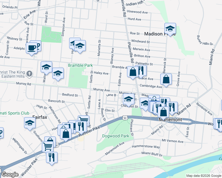 map of restaurants, bars, coffee shops, grocery stores, and more near 6634 Murray Avenue in Cincinnati