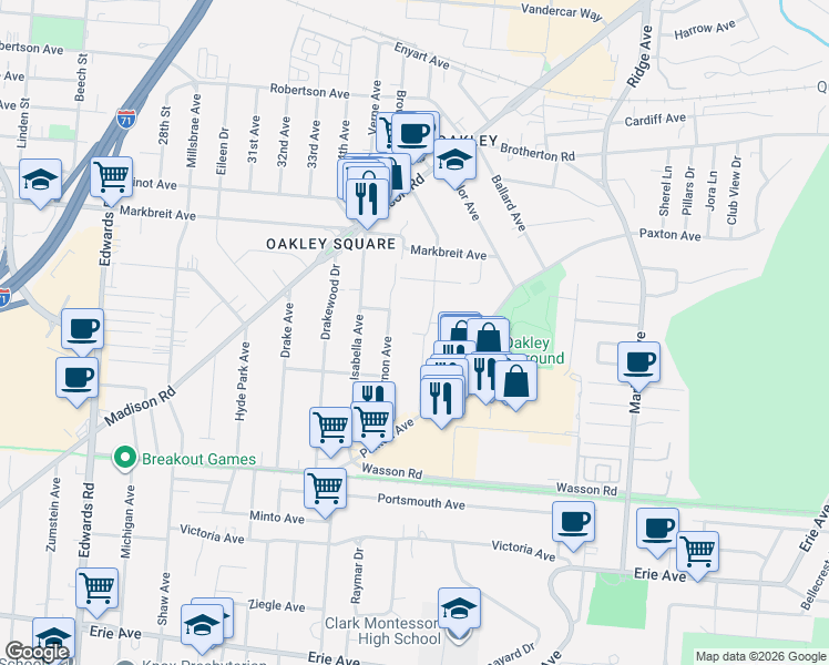 map of restaurants, bars, coffee shops, grocery stores, and more near 3801 Ferdinand Place in Cincinnati