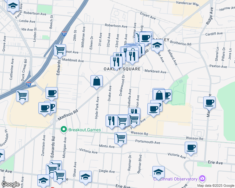 map of restaurants, bars, coffee shops, grocery stores, and more near 3834 Drakewood Drive in Cincinnati
