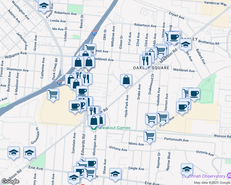 map of restaurants, bars, coffee shops, grocery stores, and more near 2860 Madison Road in Cincinnati