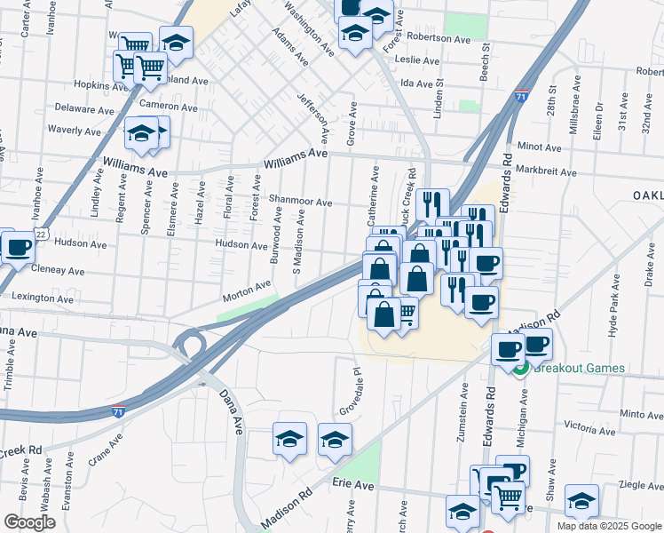 map of restaurants, bars, coffee shops, grocery stores, and more near 2464 Duck Creek Road in Cincinnati