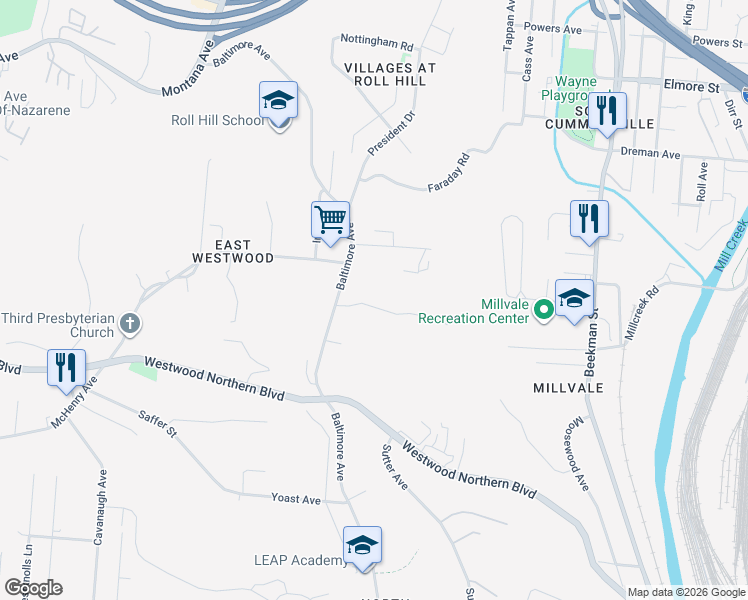 map of restaurants, bars, coffee shops, grocery stores, and more near 2150 Weron Lane in Cincinnati