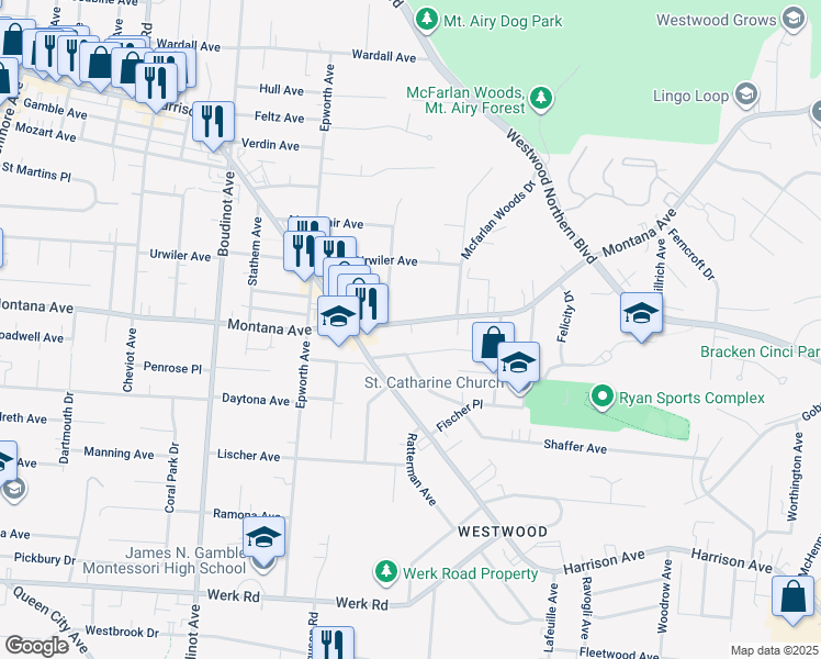 map of restaurants, bars, coffee shops, grocery stores, and more near 2929 Montana Avenue in Cincinnati