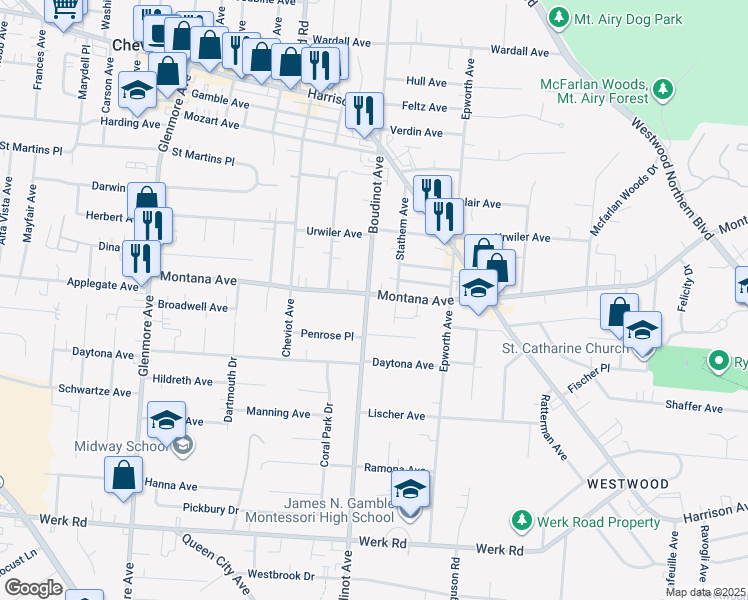 map of restaurants, bars, coffee shops, grocery stores, and more near 3107 Montana Avenue in Cincinnati