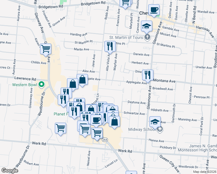 map of restaurants, bars, coffee shops, grocery stores, and more near 3620 Fieldcrest Drive in Cincinnati