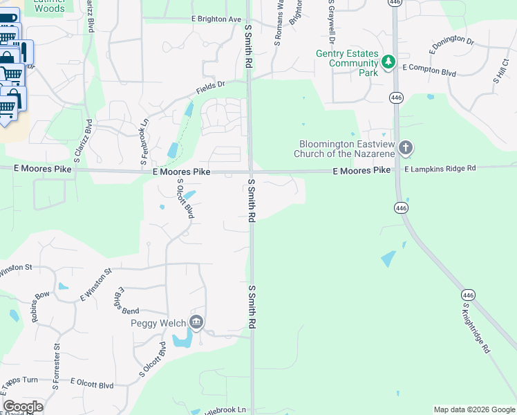 map of restaurants, bars, coffee shops, grocery stores, and more near 1351-1479 S Smith Rd in Bloomington
