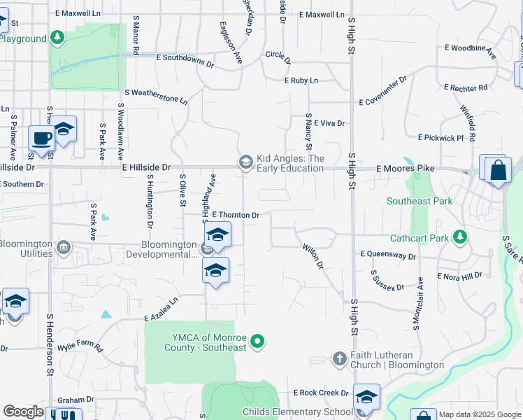 map of restaurants, bars, coffee shops, grocery stores, and more near 1615 East Thornton Drive in Bloomington