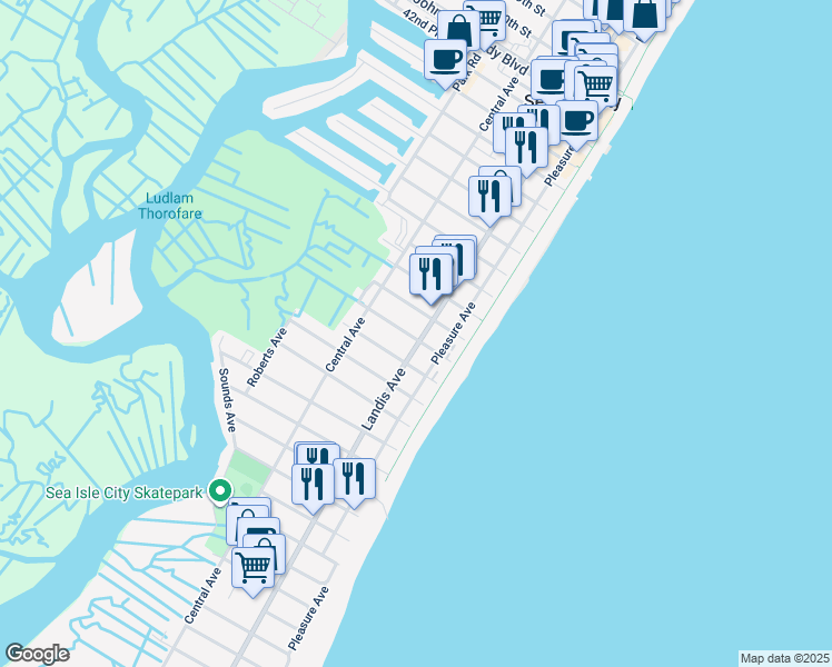 map of restaurants, bars, coffee shops, grocery stores, and more near 5112 Landis Avenue in Sea Isle City