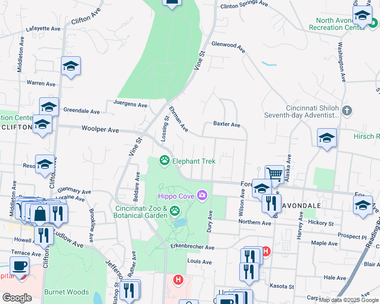 map of restaurants, bars, coffee shops, grocery stores, and more near 3581 Purdue Street in Cincinnati