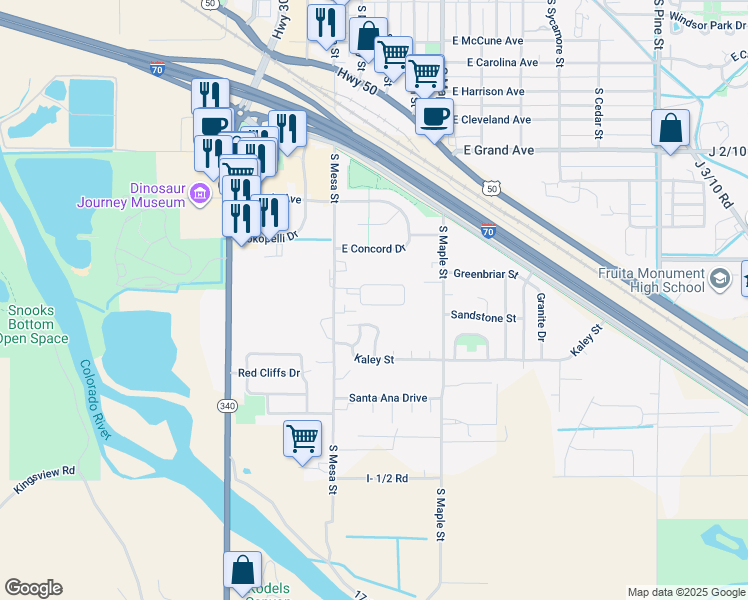 map of restaurants, bars, coffee shops, grocery stores, and more near 103 Bonnie Vista Drive in Fruita