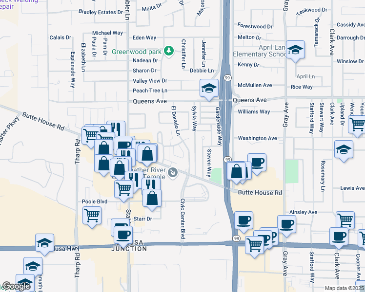 map of restaurants, bars, coffee shops, grocery stores, and more near 1390 Dustin Drive in Yuba City