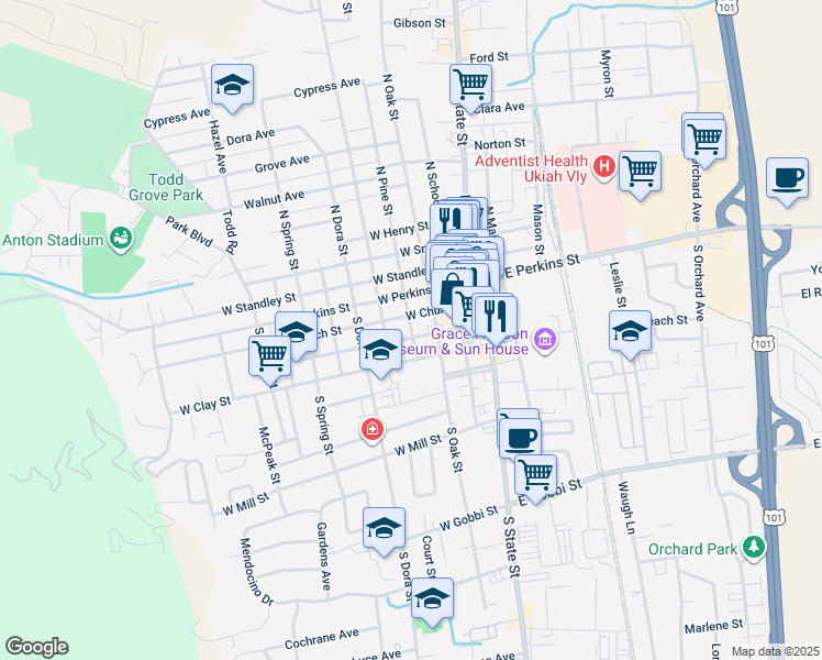 map of restaurants, bars, coffee shops, grocery stores, and more near 260 South Pine Street in Ukiah