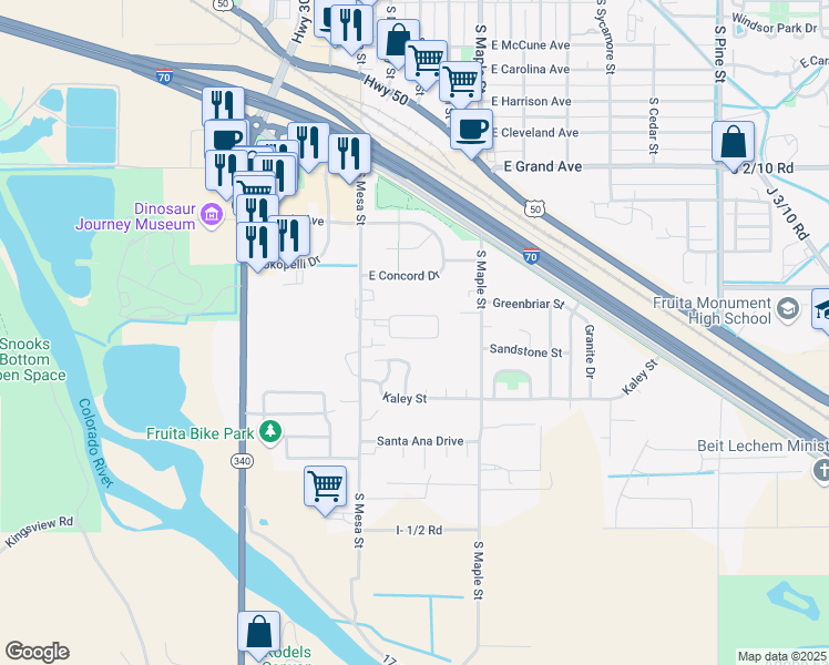 map of restaurants, bars, coffee shops, grocery stores, and more near 105 Bonnie Vista Drive in Fruita