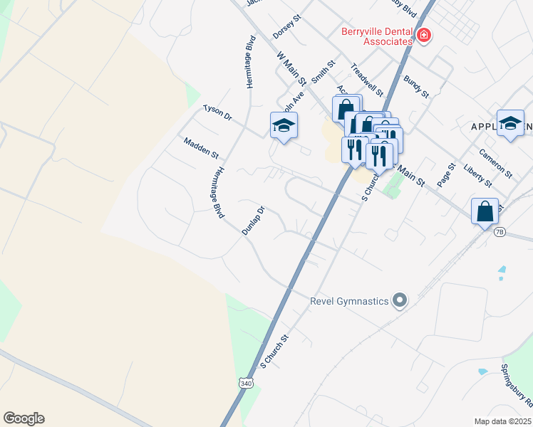 map of restaurants, bars, coffee shops, grocery stores, and more near 300 Dunlap Drive in Berryville