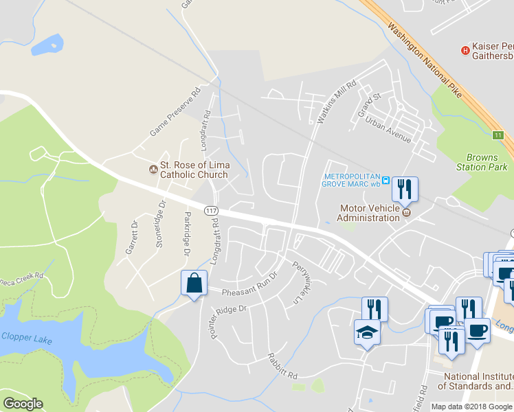 map of restaurants, bars, coffee shops, grocery stores, and more near 11511 Sullnick Way in Gaithersburg