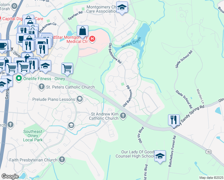 map of restaurants, bars, coffee shops, grocery stores, and more near 17704 Eaglesham Place in Olney