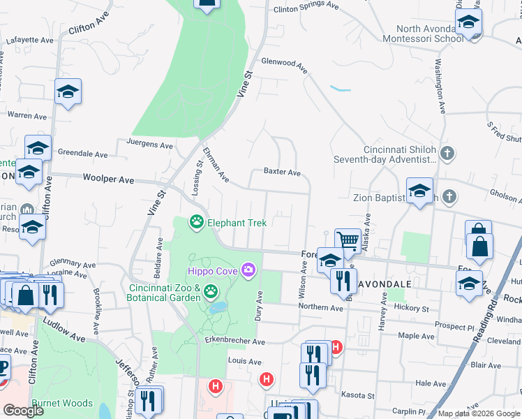 map of restaurants, bars, coffee shops, grocery stores, and more near 3585 Haven Street in Cincinnati