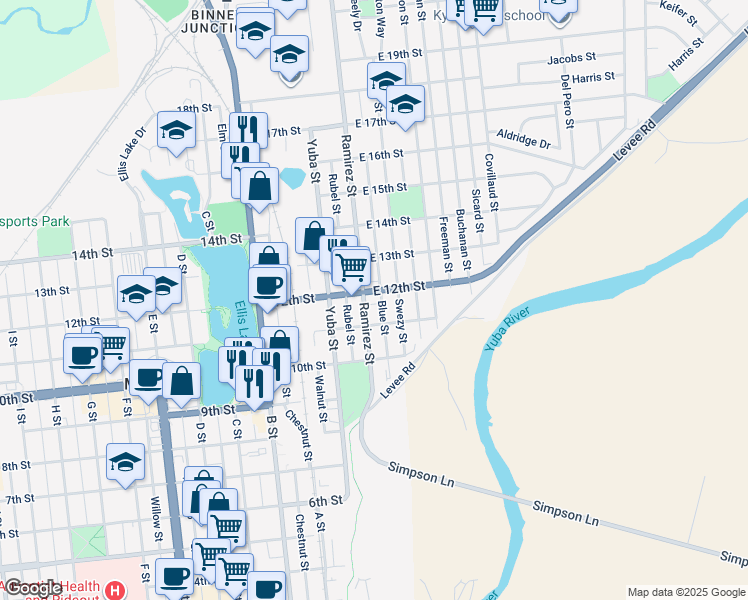 map of restaurants, bars, coffee shops, grocery stores, and more near 106 East 12th Street in Marysville