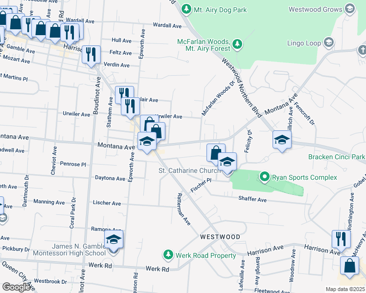 map of restaurants, bars, coffee shops, grocery stores, and more near 2929 Montana Avenue in Cincinnati