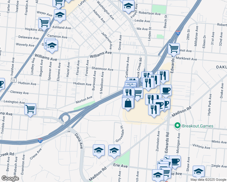 map of restaurants, bars, coffee shops, grocery stores, and more near 2464 Duck Creek Road in Cincinnati