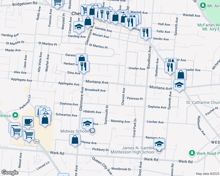 map of restaurants, bars, coffee shops, grocery stores, and more near 3346 Dartmouth Drive in Cincinnati