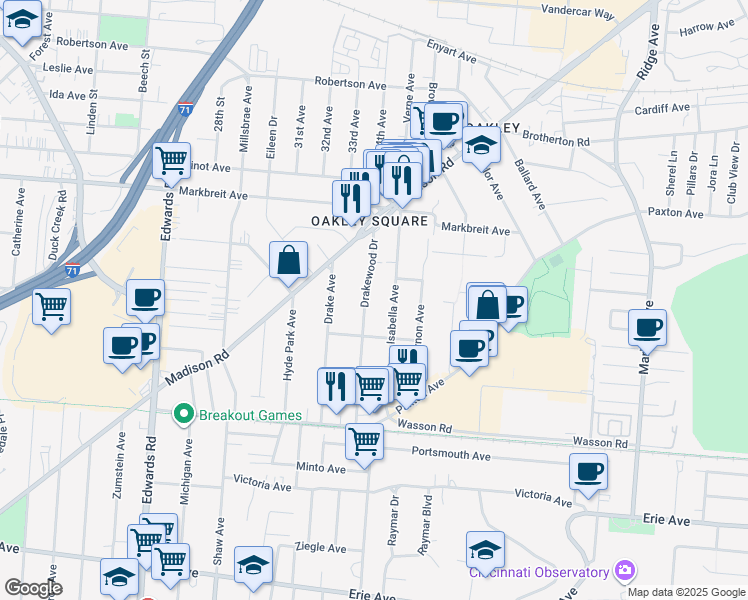 map of restaurants, bars, coffee shops, grocery stores, and more near 3834 Drakewood Drive in Cincinnati