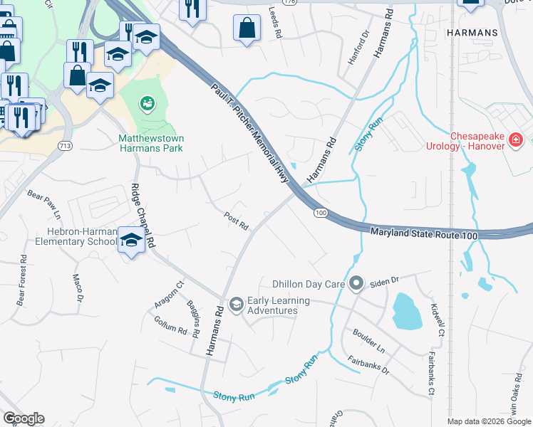 map of restaurants, bars, coffee shops, grocery stores, and more near 7606 Harmans Road in Hanover