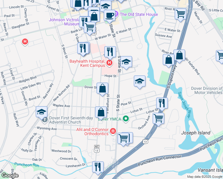 map of restaurants, bars, coffee shops, grocery stores, and more near 901 South Bradford Street in Dover