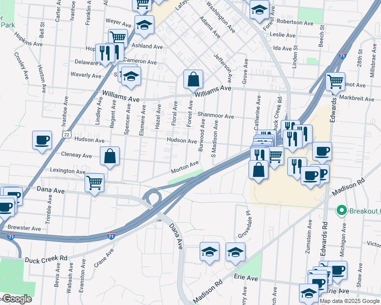 map of restaurants, bars, coffee shops, grocery stores, and more near 3832 Forest Avenue in Cincinnati