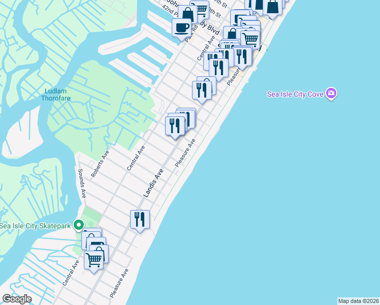 map of restaurants, bars, coffee shops, grocery stores, and more near 15 51st Street in Sea Isle City