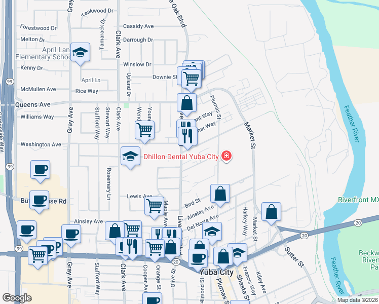 map of restaurants, bars, coffee shops, grocery stores, and more near 1365 Live Oak Boulevard in Yuba City