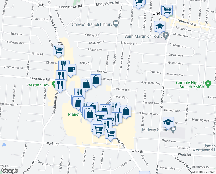 map of restaurants, bars, coffee shops, grocery stores, and more near 3377 Parkcrest Ln in Cincinnati
