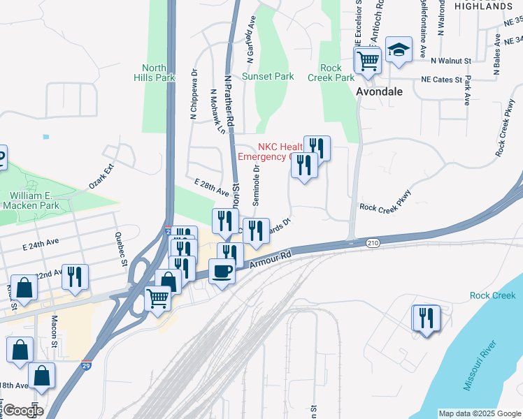 map of restaurants, bars, coffee shops, grocery stores, and more near 2611 Seminole Dr in Kansas City