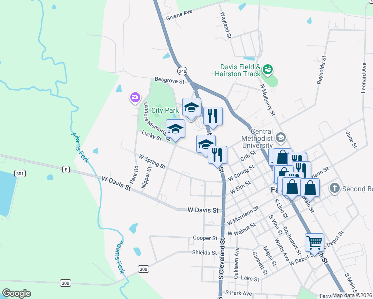 map of restaurants, bars, coffee shops, grocery stores, and more near 702 Lucky Street in Fayette