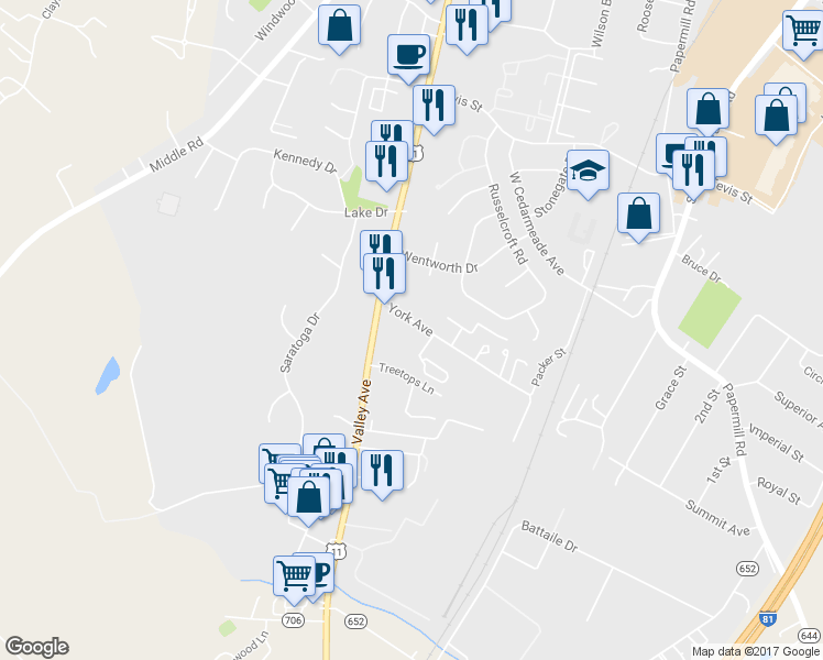 map of restaurants, bars, coffee shops, grocery stores, and more near 567 York Avenue in Winchester