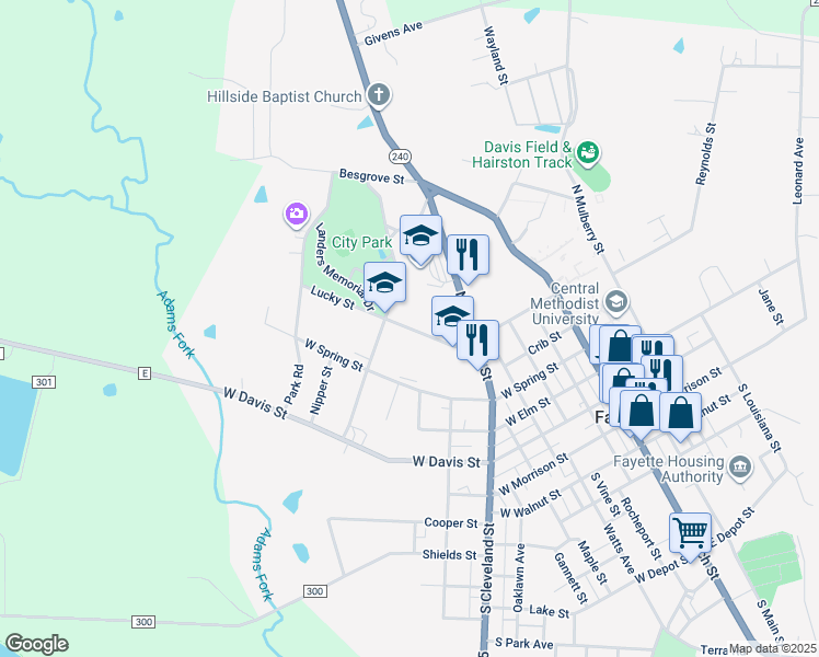 map of restaurants, bars, coffee shops, grocery stores, and more near 704 Lucky Street in Fayette