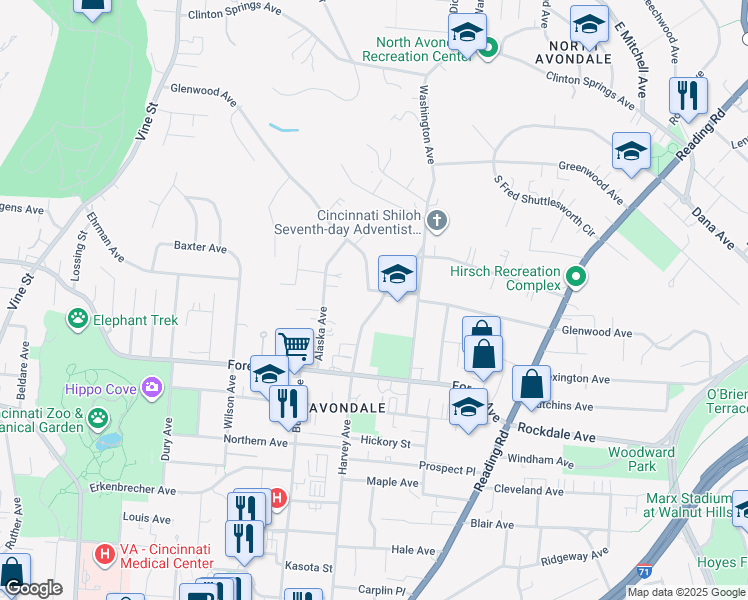 map of restaurants, bars, coffee shops, grocery stores, and more near 3603 Harvey Avenue in Cincinnati