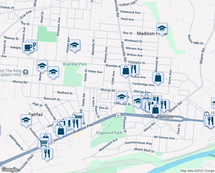 map of restaurants, bars, coffee shops, grocery stores, and more near 6634 Murray Avenue in Cincinnati