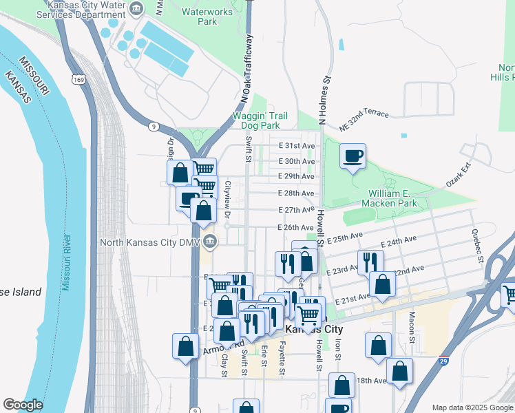 map of restaurants, bars, coffee shops, grocery stores, and more near 308 East 27th Avenue in North Kansas City