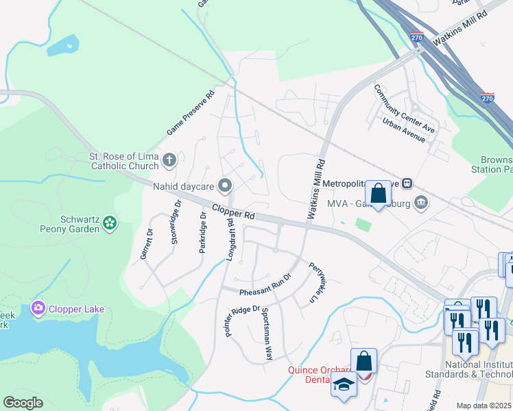map of restaurants, bars, coffee shops, grocery stores, and more near 11550 Sullnick Way in Gaithersburg