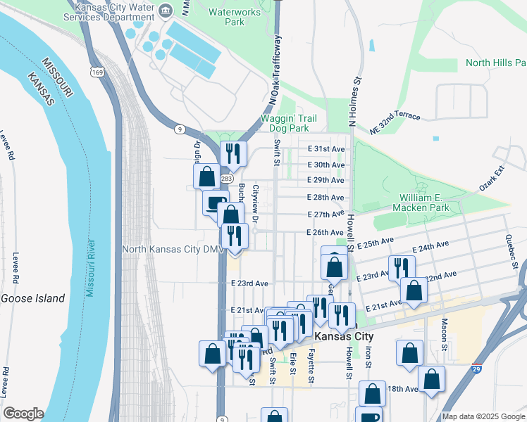 map of restaurants, bars, coffee shops, grocery stores, and more near 202 East 27th Avenue in North Kansas City
