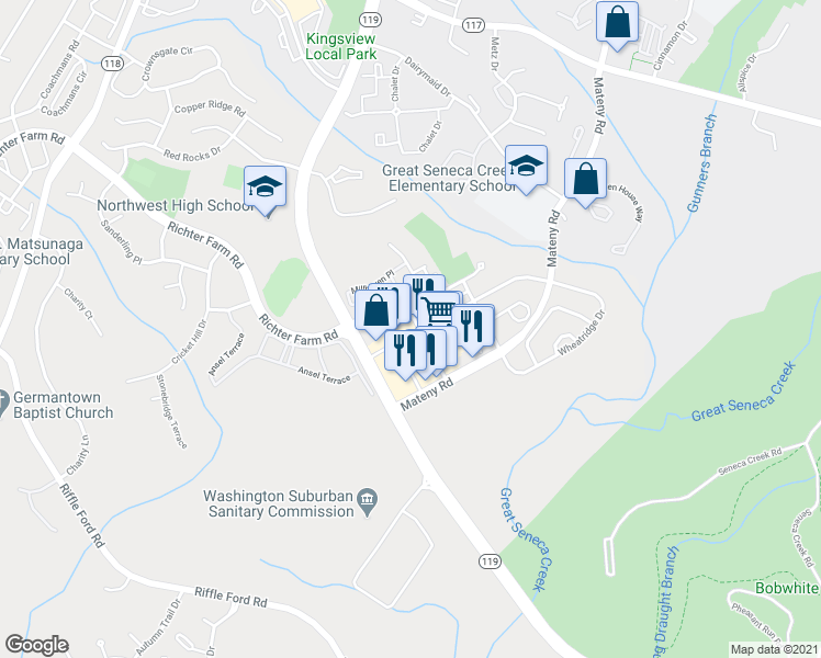map of restaurants, bars, coffee shops, grocery stores, and more near 18050 Mateny Road in Germantown