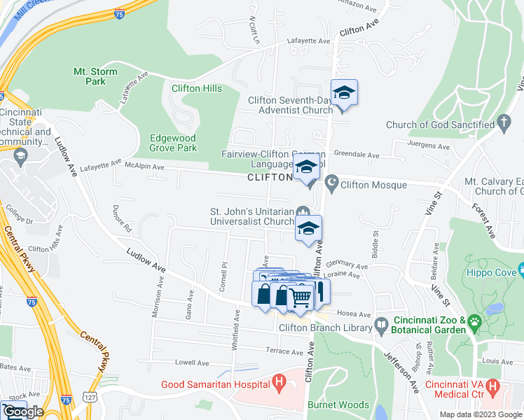 map of restaurants, bars, coffee shops, grocery stores, and more near 3627 Middleton Avenue in Cincinnati