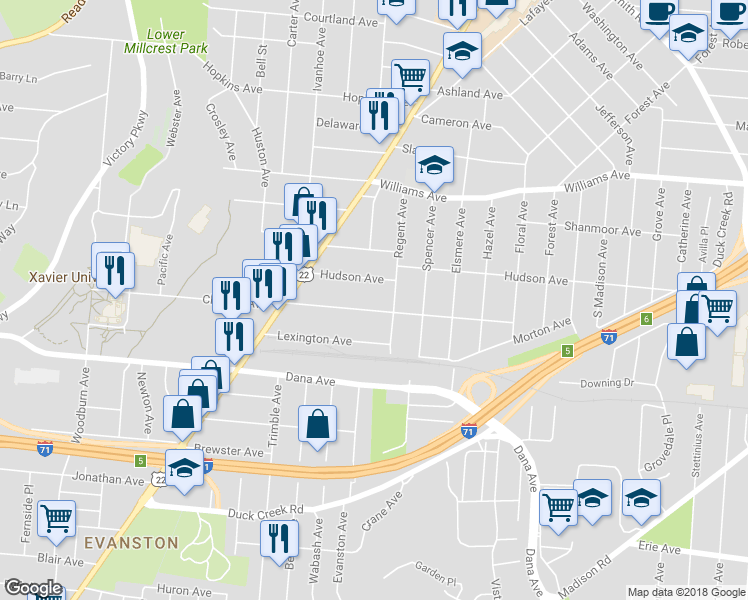 map of restaurants, bars, coffee shops, grocery stores, and more near 2008 Cleneay Avenue in Cincinnati