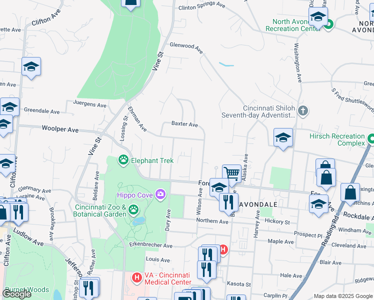 map of restaurants, bars, coffee shops, grocery stores, and more near 3587 Eden Avenue in Cincinnati